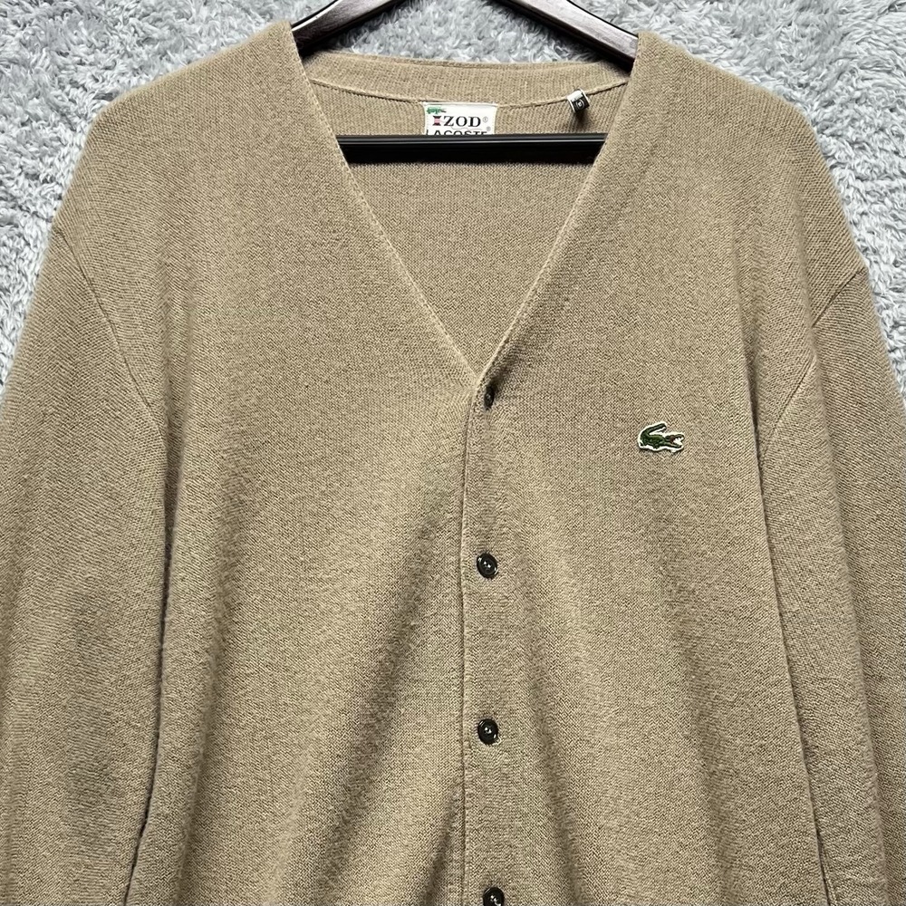 Izod Lacoste Cardigan Mens XL Beige Button Up 70s 80s Teacher Preppy Vintage - Picture 2 of 9